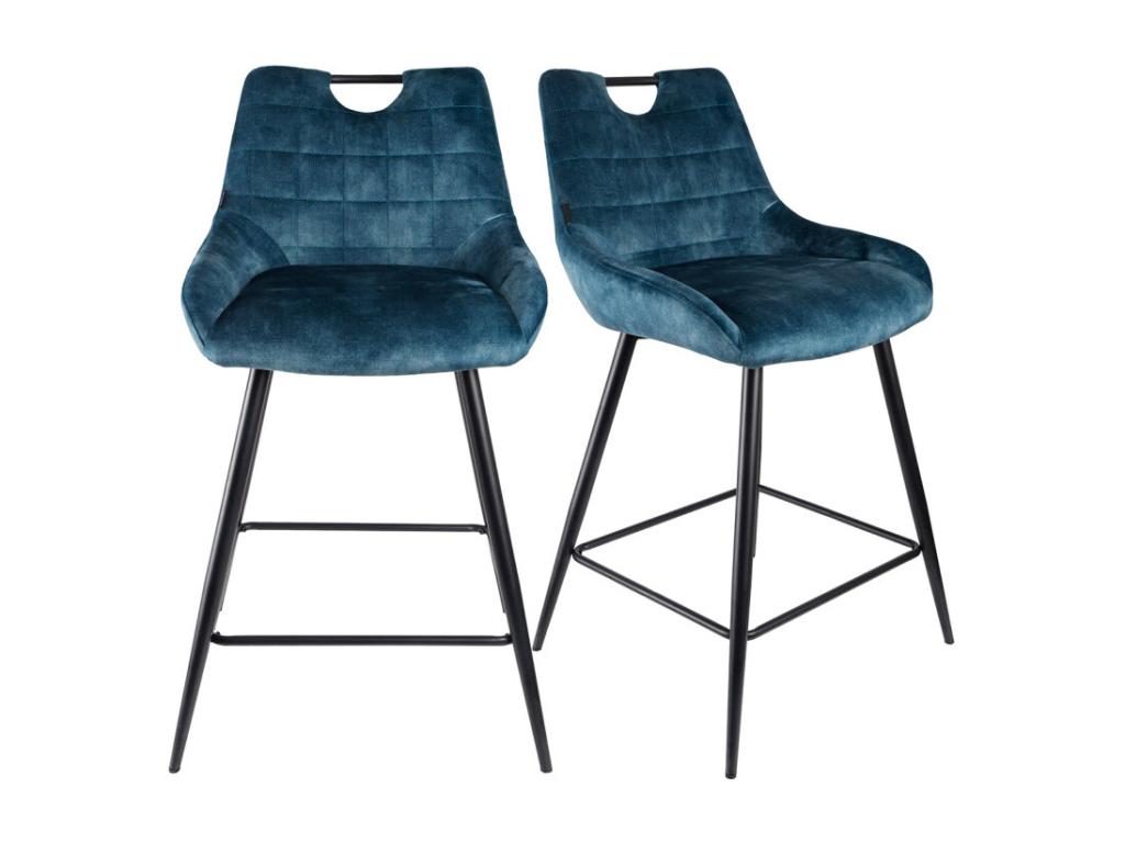 Lot 2 tabourets de bar en velours bleu canard pied métal noir - Lysvia ISVB33100