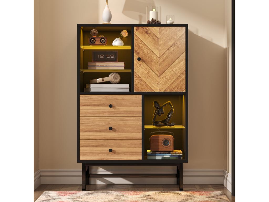 Vitrine avec 3 tiroirs et 1 porte - 80x40x120,5 cm - LEDs - Etagères en verre - Panneaux de particules et métal - Couleur noir QMPA60833