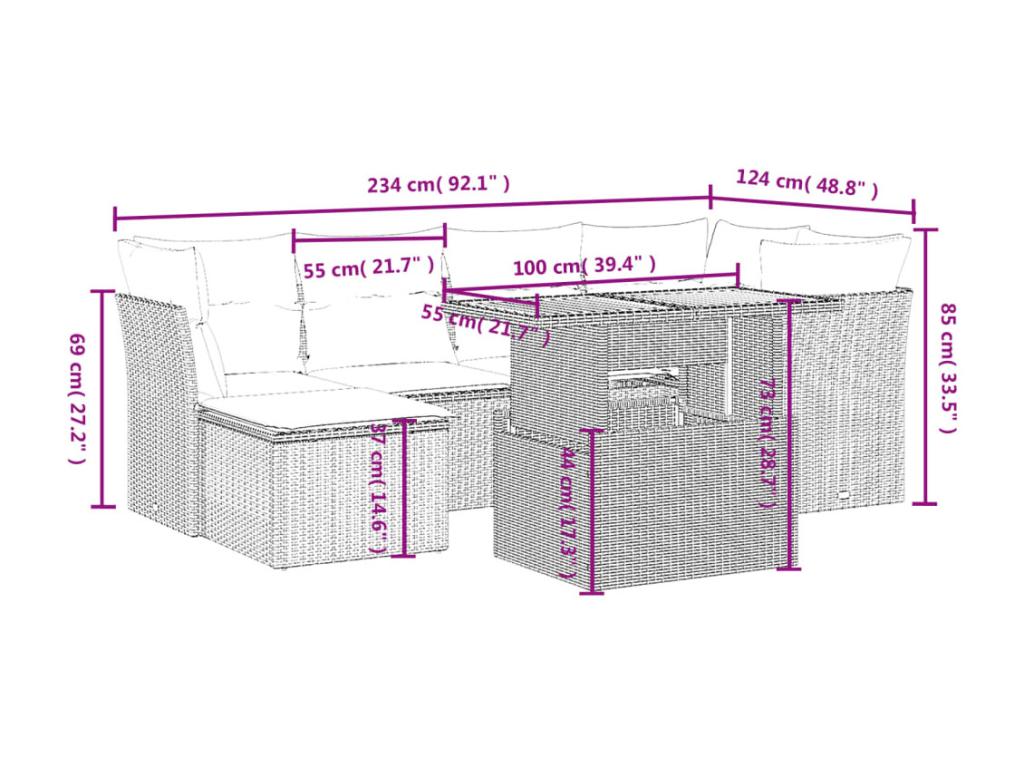 Salon de jardin 7 pcs avec coussins noir résine tressée OVDH31108