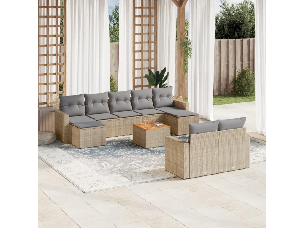 Salon de jardin et coussins 10 pièces méLysvia beige résine tressée FBGQ49143