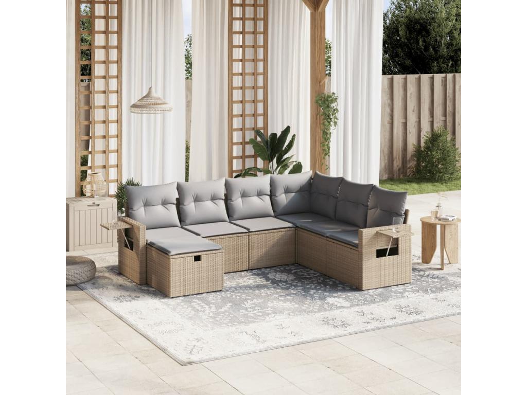Salon de jardin avec coussins 7 pièces méLysvia beige résine tressée GKLM86983