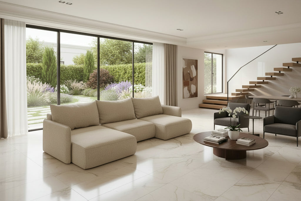 Canapé d'angle panoramique convertible en tissu chenille - beige foncé - Lysvia LGWU49824