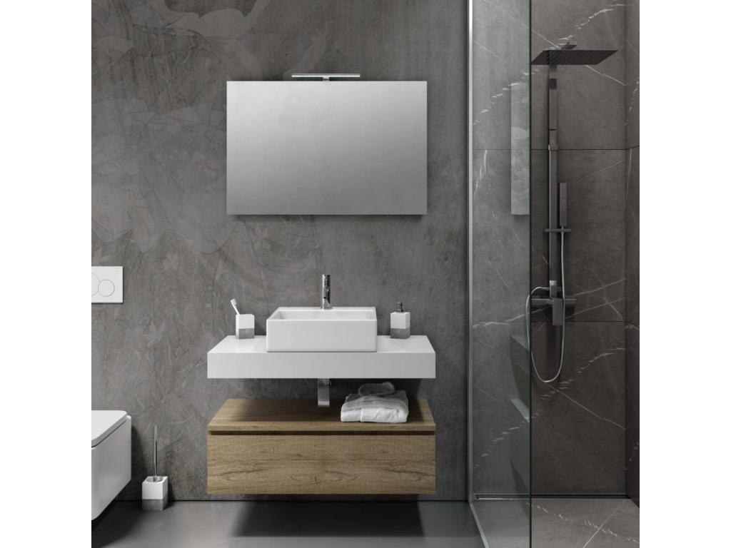Ensemble meuble de salle de bain 1 tiroir blanc et chêne clair et miroir lumineux Kyo L 90cm LAOL79948