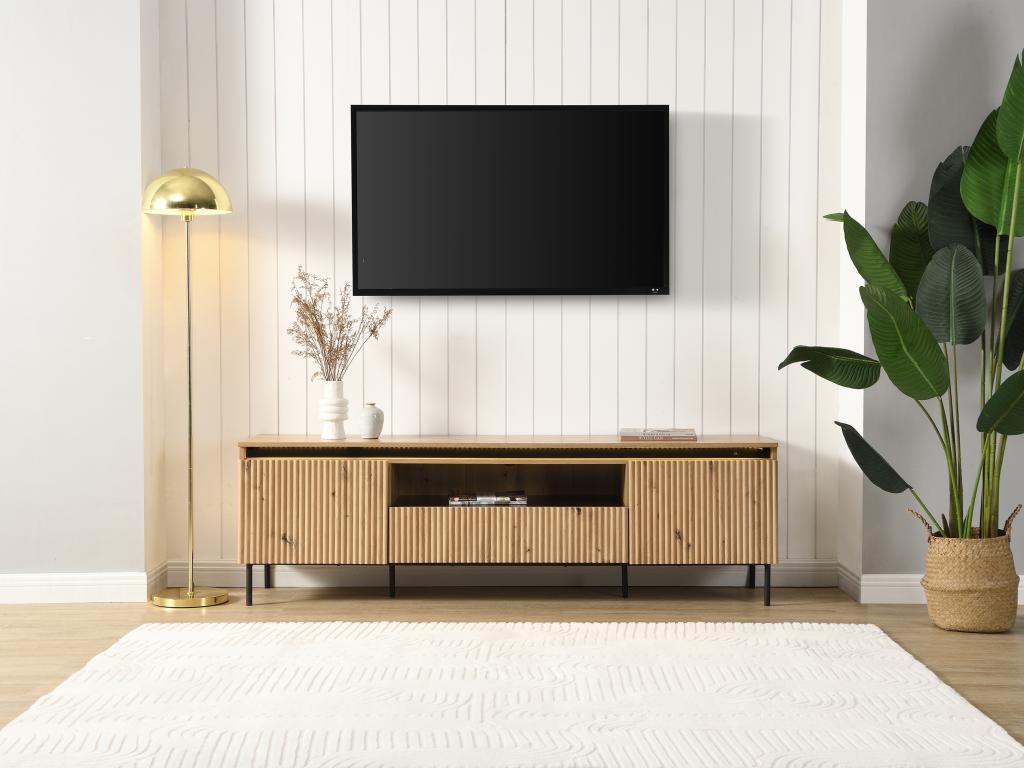 Meuble TV 2 portes 1 tiroir et 1 niche en MDF et métal - Avec LEDs - Naturel et Noir - Elariva QPES95850