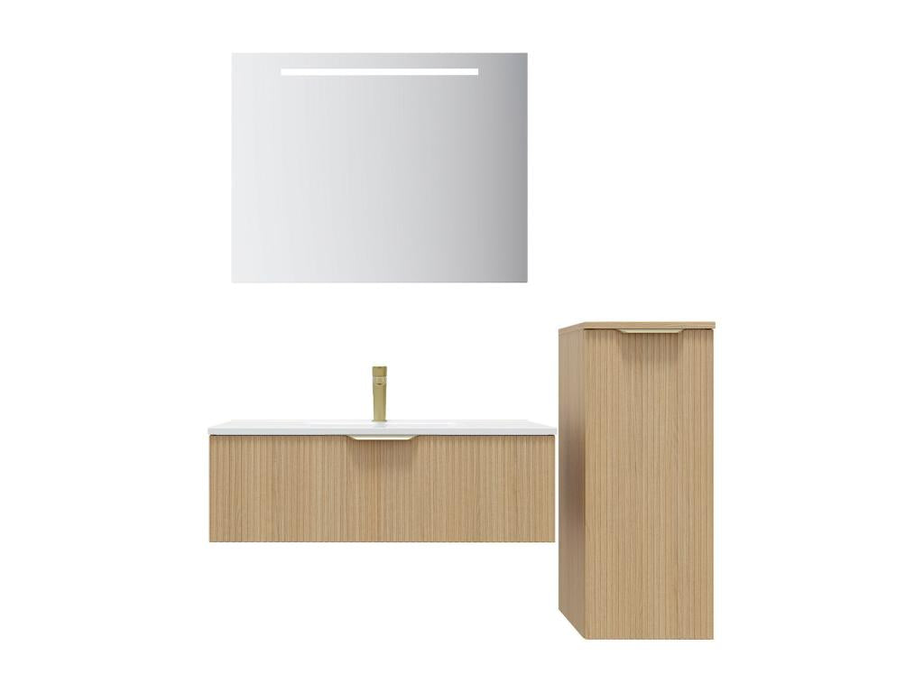 Meuble de salle de bain suspendu vasque intéLysviae 90cm 1 tiroir Chêne cannelé miroir colonne ouverture droite - Lysvia ZAZZ66463