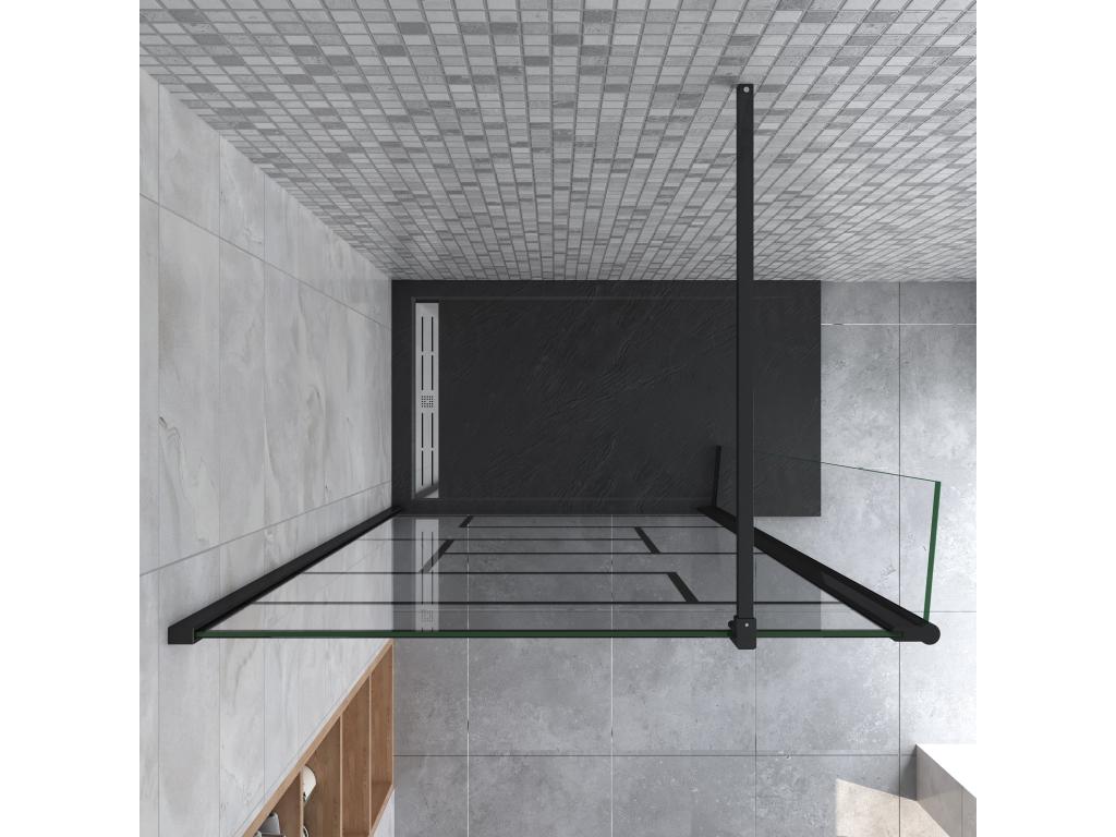 Paroi de douche fixe à l'italienne 100 30x200cm avec retour pivotant - Noir - avec barre de fixation 90cm en carré CQGB02849