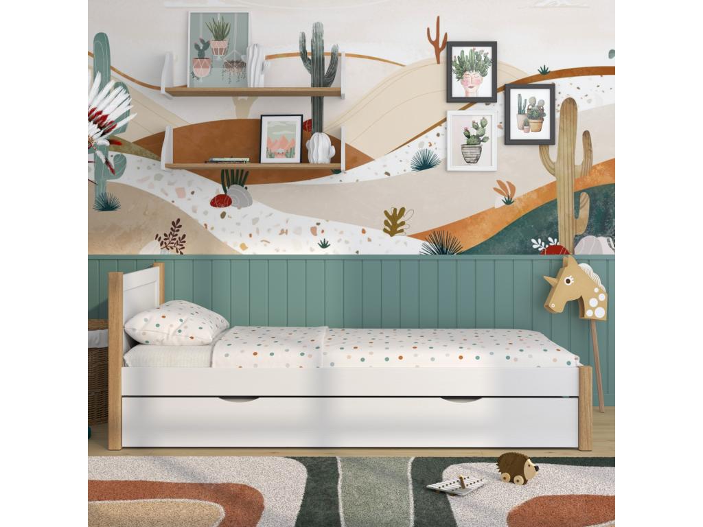 Lit gigogne en bois N02 Blanc / Chêne Naturel 90x190 DFCH35586