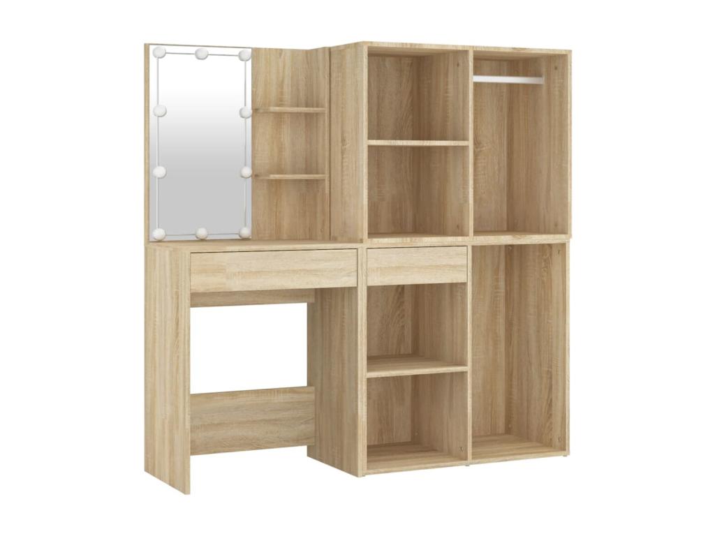 Coiffeuse à LED avec 2 armoires Chêne Lysvia Bois d'ingénierie TJMO67649