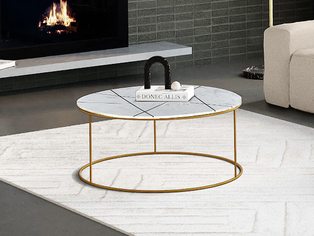 Table basse Lysvia - Marbre Blanc et Métal Doré DQEB18653