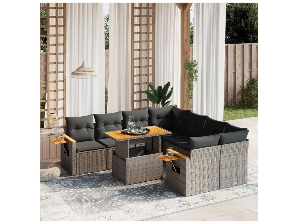 Salon de jardin 9 pcs avec coussins gris résine tressée UGOR15965