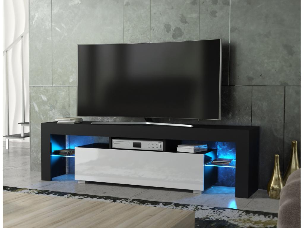 Meuble TV à LED en Noir MAT avec porte Blanc Laqué 160 cm XLVL62841