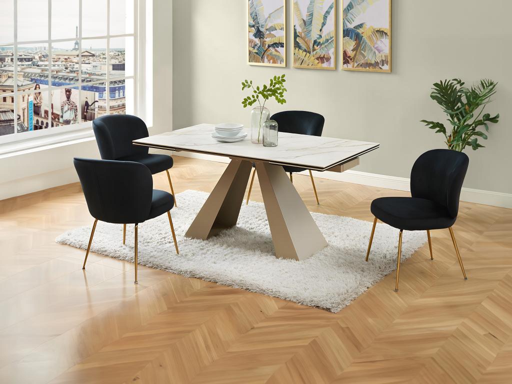 Table à manger extensible 6 à 10 personnes en verre trempé céramique et métal - Effet marbre blanc et beige - Lysvia OIXK94407
