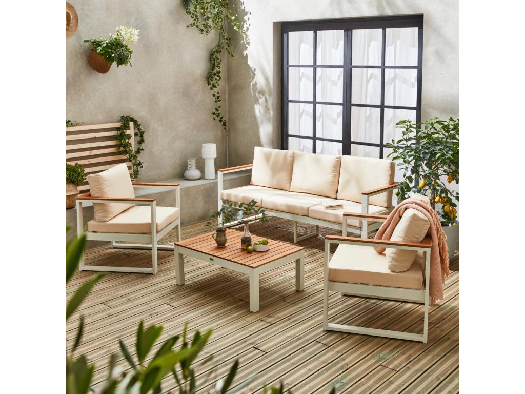 Salon de jardin 5 places en aluminium et eucalyptus – – Structure blanche- Coussins beiges VWJI60499