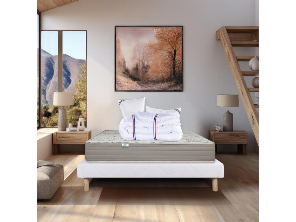 Ensemble Matelas Organic 24 cm mousses haute densité ferme face été/hiver sommier blanc ep 13cm oreiller couette 140x200cm IUTW06694