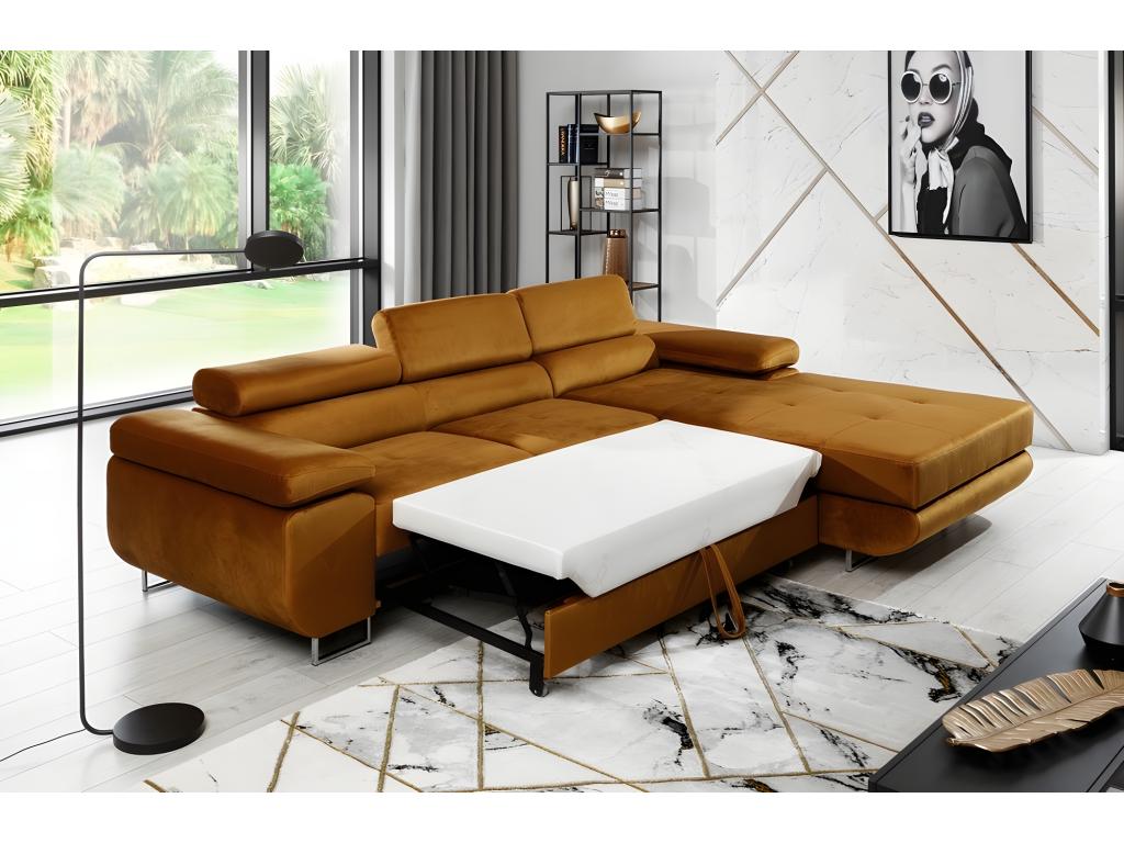 Canapé d'angle convertible Lysvia en tissu velours luxe 5 places couleur cuivre avec coffre angle droit vu de face HQPC63616