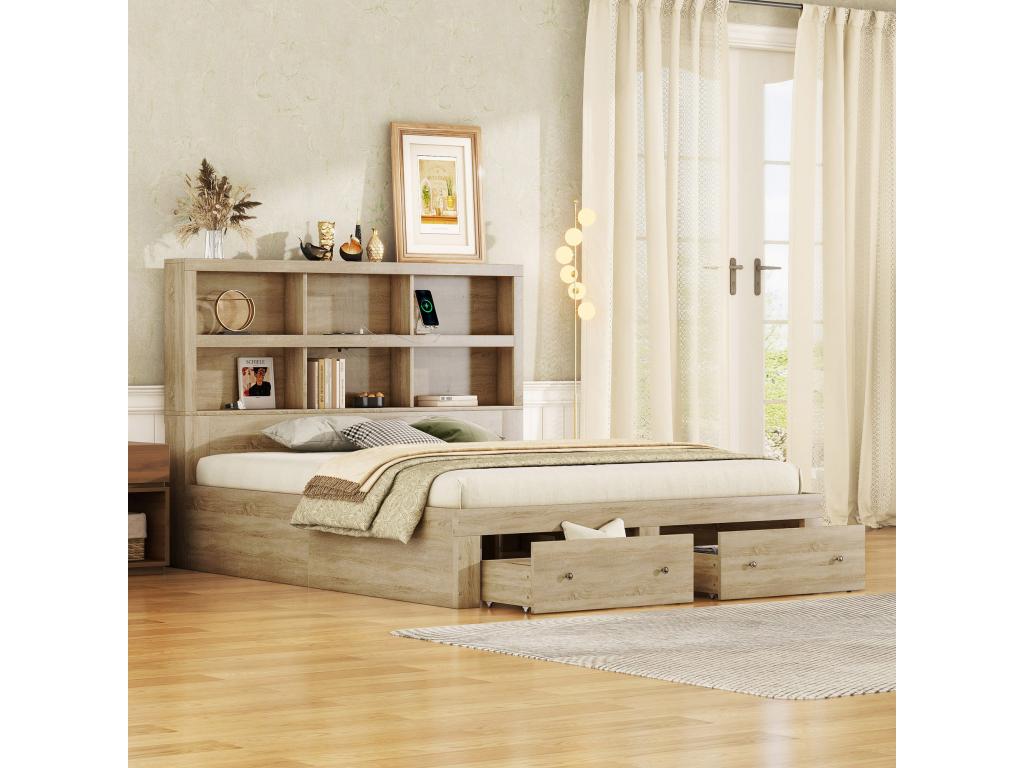 Lit Double 160x200 cm - Bois Massif - Cadre De Lit Avec 2 Tiroirs - Tête De Lit Fonctionnelle Avec Rangements - Naturel LJNV57029