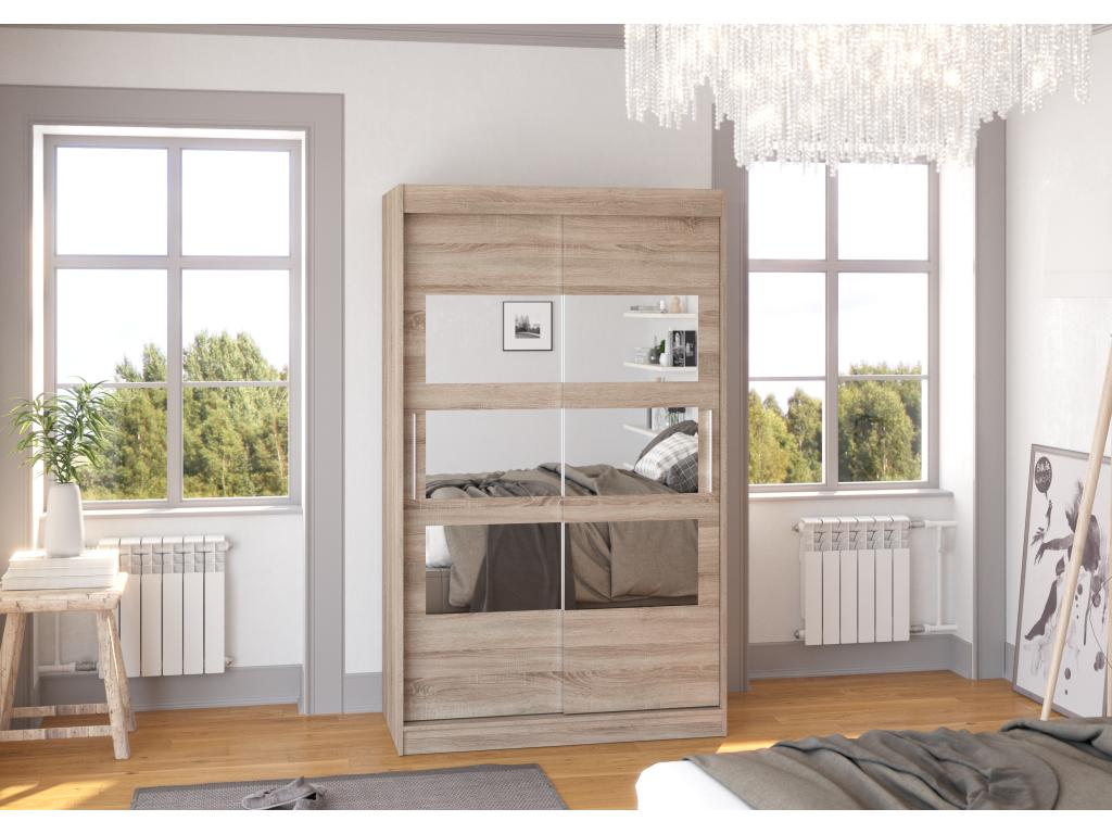 Petite armoire de chambre à coucher 2 portes coulissantes bois truffe avec 6 miroir Kolida 120cm LTTL90522