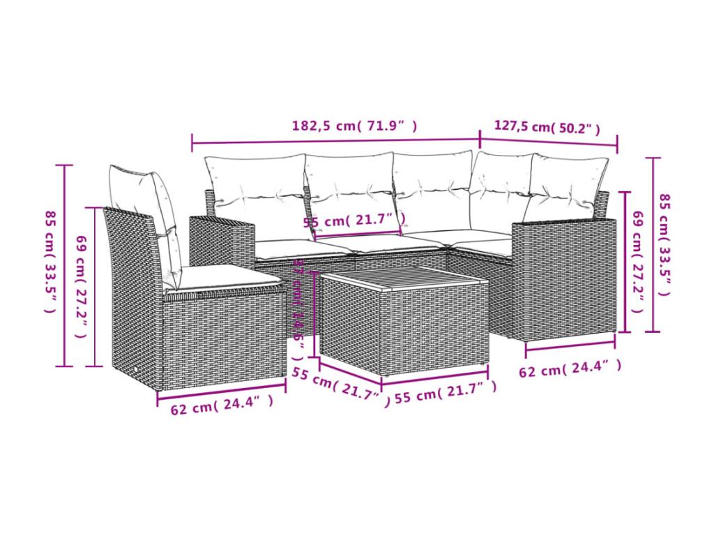 Salon de jardin 6 pièces avec coussins noir résine tressée UHZN43146