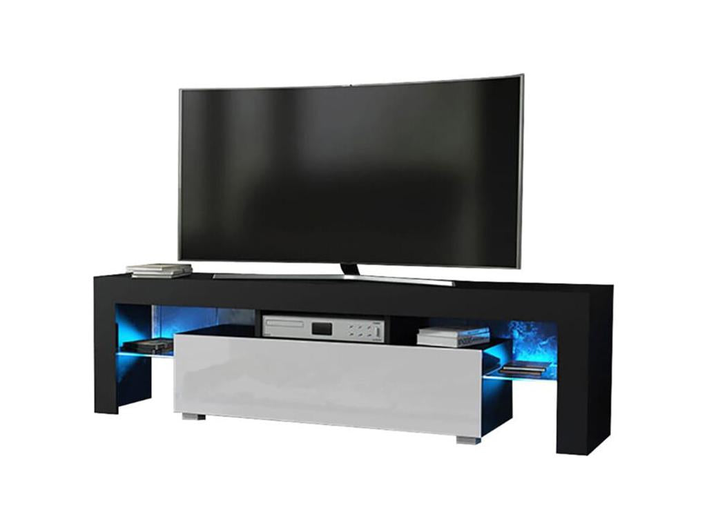 Meuble TV à LED en Noir MAT avec porte Blanc Laqué 160 cm XLVL62841