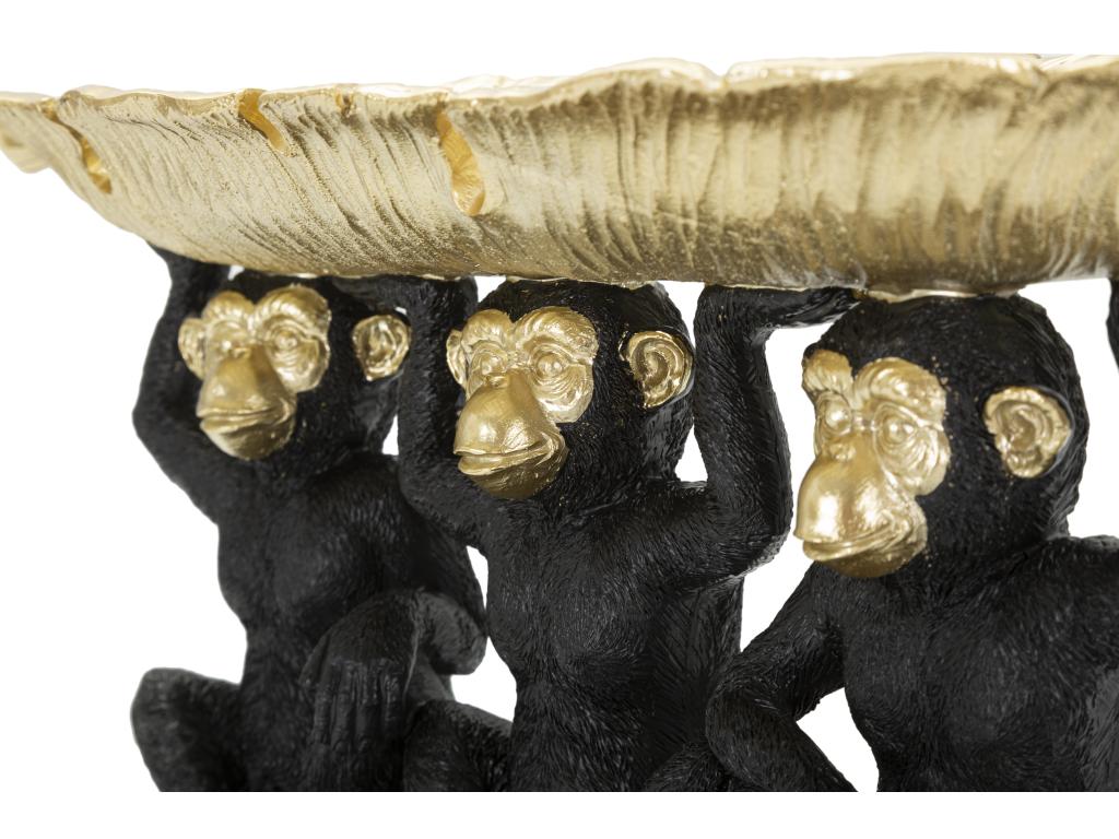 Figurine décorative de trois singes avec feuille de palmier doré porte-objets 43x15.7x20 cm - Statue en résine noire et dorée sur piédestal DSZO50723
