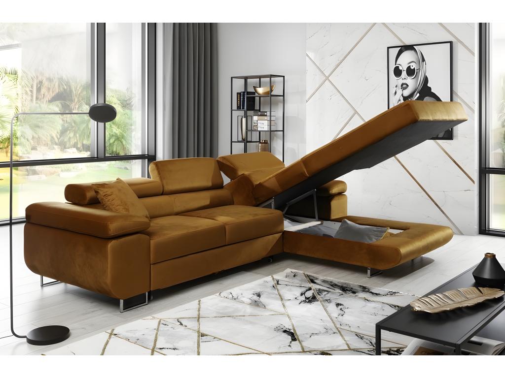 Canapé d'angle convertible Lysvia en tissu velours luxe 5 places couleur cuivre avec coffre angle droit vu de face HQPC63616