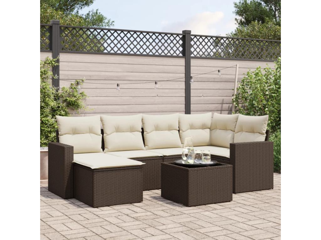 Salon de jardin avec coussins 7 pcs marron résine tressée OGCT81716