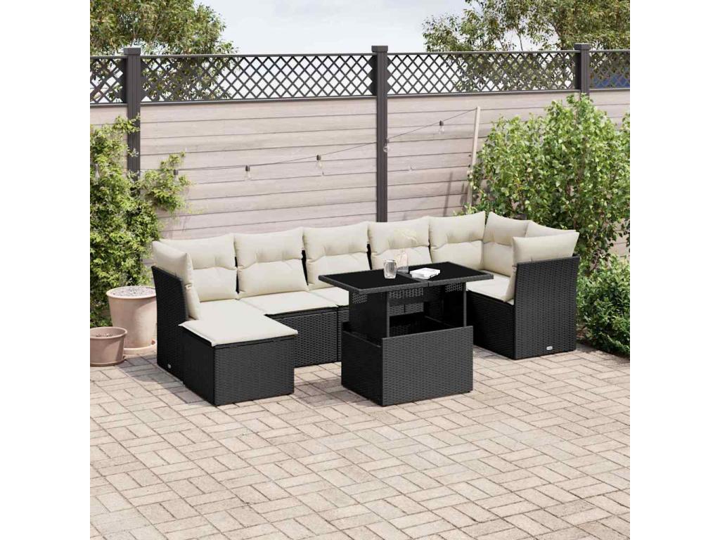 Salon de jardin 8 pcs avec coussins noir résine tressée KCVA29048